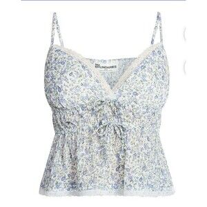 Juniors Babydoll Tank Top W/ Tie Front And Lace Trim, Size Medium No Boundaries